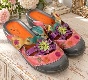 SOCOFY Floral Clogs Multicolor Boho Leather Look Slip On Shoes